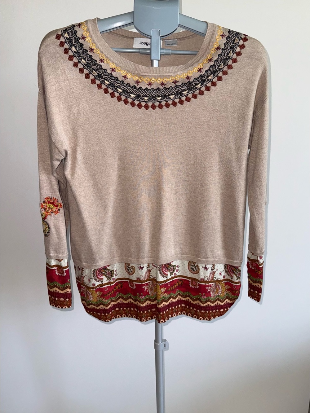 Desigual Women's L Embroidered Boho Mixed Print Knit Top Long Sleeve Tunic